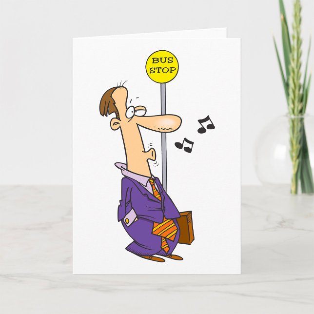 Funny Cartoon Businessman at Bus Stop  Card (Creator Uploaded)