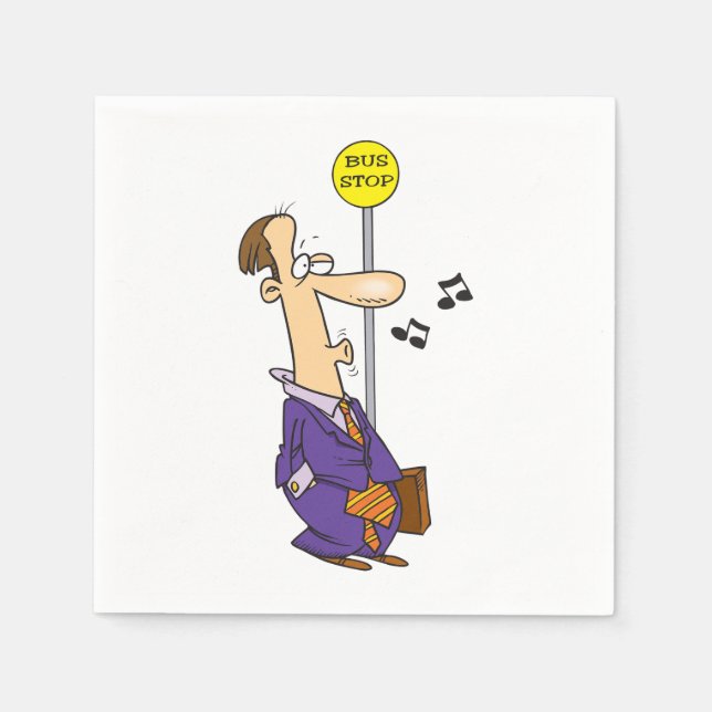 Funny Cartoon Businessman at Bus Stop  Napkin (Front)
