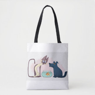 Funny Cartoon Cat, Goldfish, Dog Tote Bag