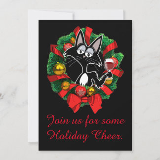 Funny Cartoon Cat in a  wreath with wine Christmas Invitation
