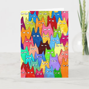 Funny Cartoon Cats Color Pencil Drawing Card