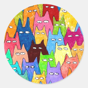 Funny Cartoon Cats Color Pencil Drawing Classic Round Sticker