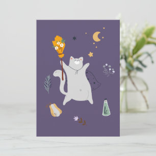 Funny cartoon cats with brooms, pumpkins and ghost