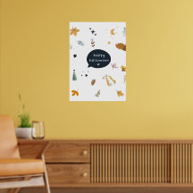 Funny cartoon cats with brooms, pumpkins and ghost