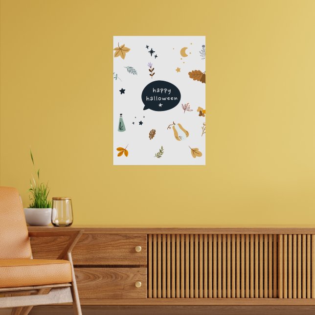 Funny cartoon cats with brooms, pumpkins and ghost poster (Living Room 2)