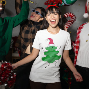 Funny Cartoon Christmas Tree, Santa Hat and Face T-Shirt