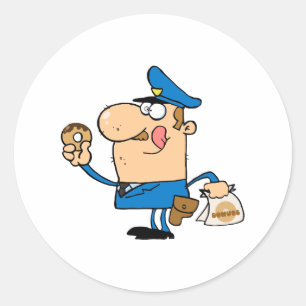 funny cartoon cop eating doughnuts classic round sticker