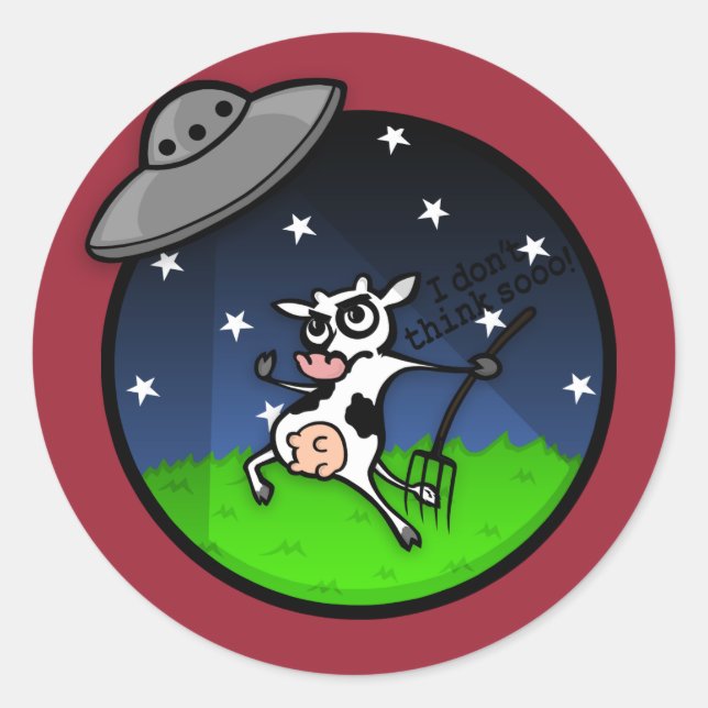 FUNNY CARTOON COW ALIEN UFO ABDUCTION STICKERS (Front)