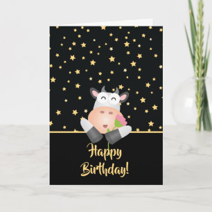 Funny Cartoon Cow With Flower Cute Happy Birthday Card