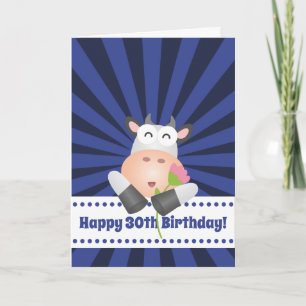 Funny Cartoon Cow With Flower Happy 30th Birthday Card