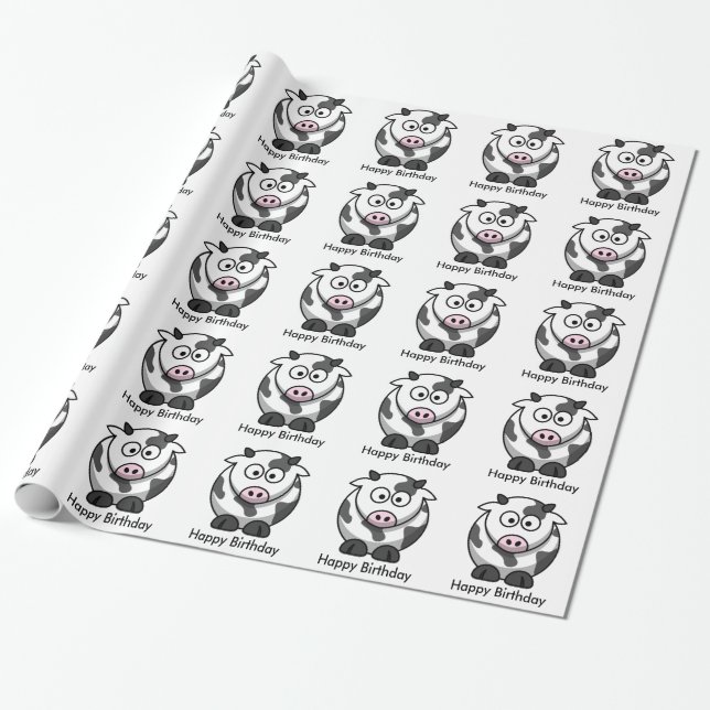 Funny Cartoon Cow with Pink Nose Happy Birthday Wrapping Paper (Unrolled)