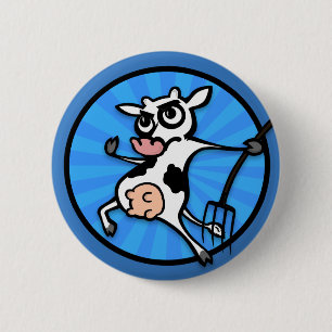 FUNNY CARTOON COW WITH PITCH FORK BUTTON