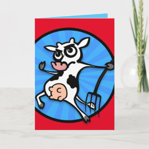 FUNNY CARTOON COW WITH PITCHFORK GREETING CARD