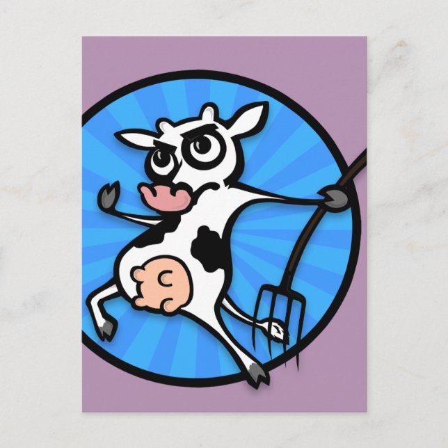 FUNNY CARTOON COW WITH PITCHFORK POSTCARD (Front)