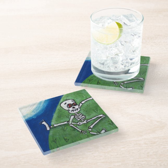 Funny Cartoon Dancing Skeleton in Grass Hazy Moon Glass Coaster (Angled)