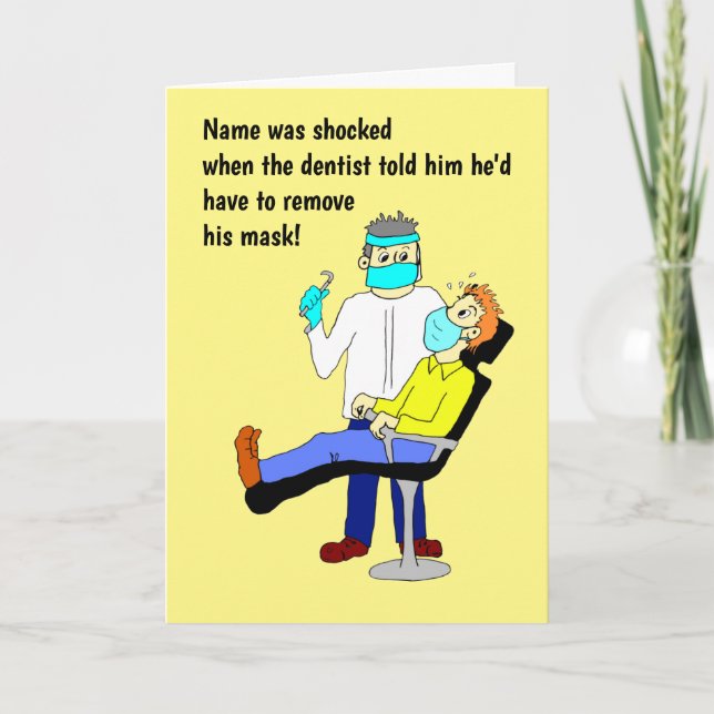 Funny Cartoon Dentist Face Mask Card (Front)