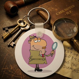 Funny Cartoon Detective with Magnifying Glass Key Ring