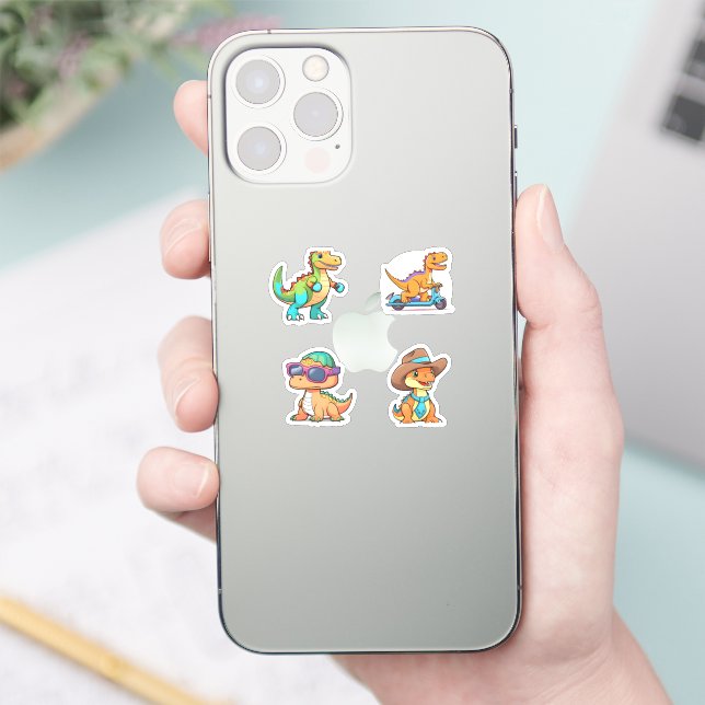 Funny Cartoon Dinosaur Character 4 Pack Stickers (Phone)