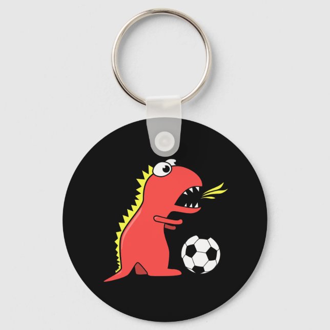 Funny Cartoon Dinosaur Playing Soccer Black Key Ring (Front)