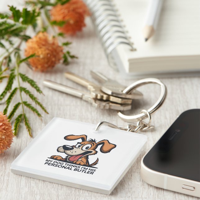 Funny Cartoon Dog Butler Quote Key Ring (Front Right)