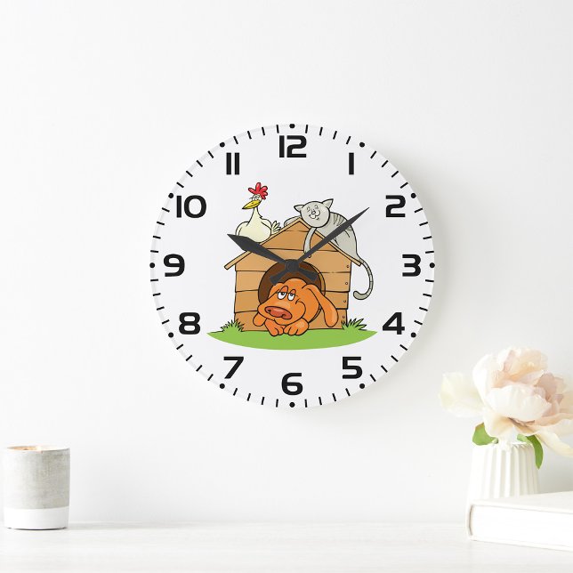 Funny Cartoon Dog Cat and Chicken on Doghouse  Large Clock (Creator Uploaded)