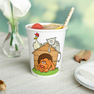 Funny Cartoon Dog Cat and Chicken on Doghouse Paper Cups