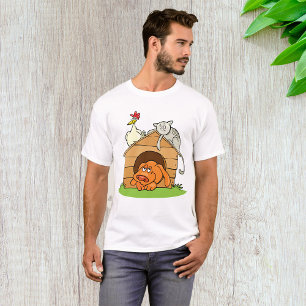 Funny Cartoon Dog Cat and Chicken on Doghouse  T-Shirt