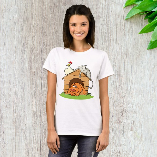 Funny Cartoon Dog Cat and Chicken on Doghouse  T-Shirt (Creator Uploaded)