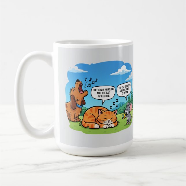 Funny Cartoon Dog, Cat, and Mouse Coffee Mug (Left)