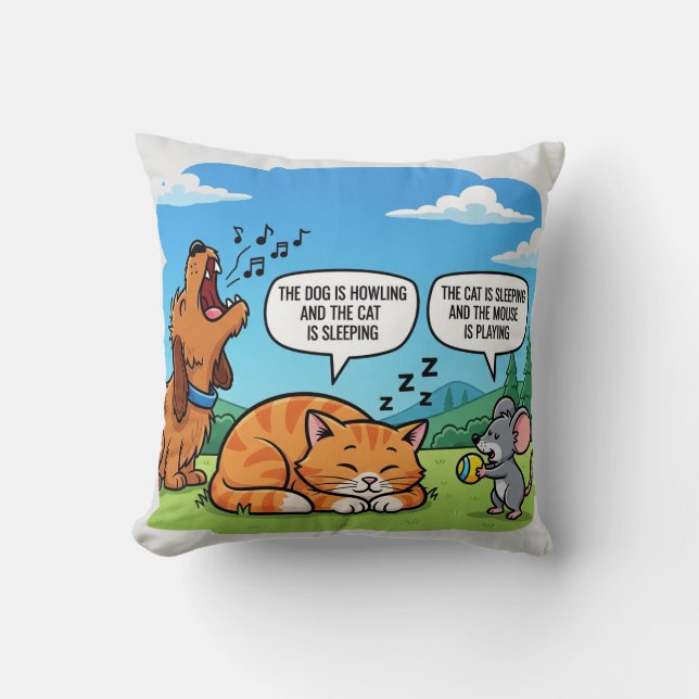 Funny Cartoon Dog, Cat, and Mouse Cushion (Front)