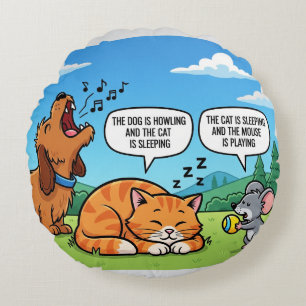 Funny Cartoon Dog, Cat, and Mouse Round Cushion