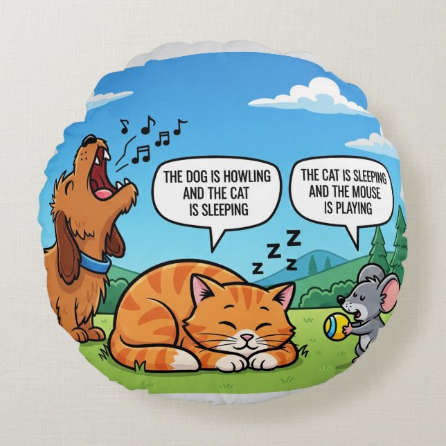 Funny Cartoon Dog, Cat, and Mouse Round Cushion (Front)
