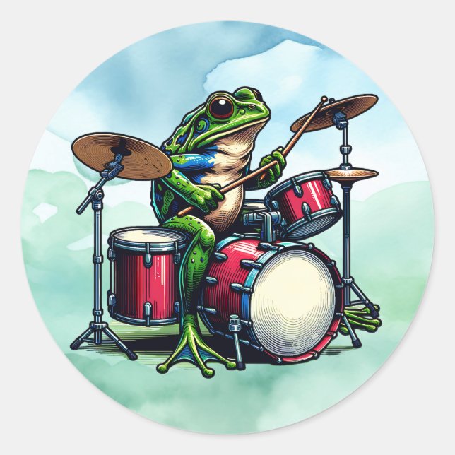 Funny Cartoon Frog Playing the Drums Classic Round Sticker (Front)