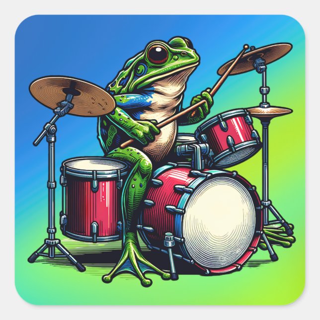 Funny Cartoon Frog Playing the Drums Square Sticker (Front)