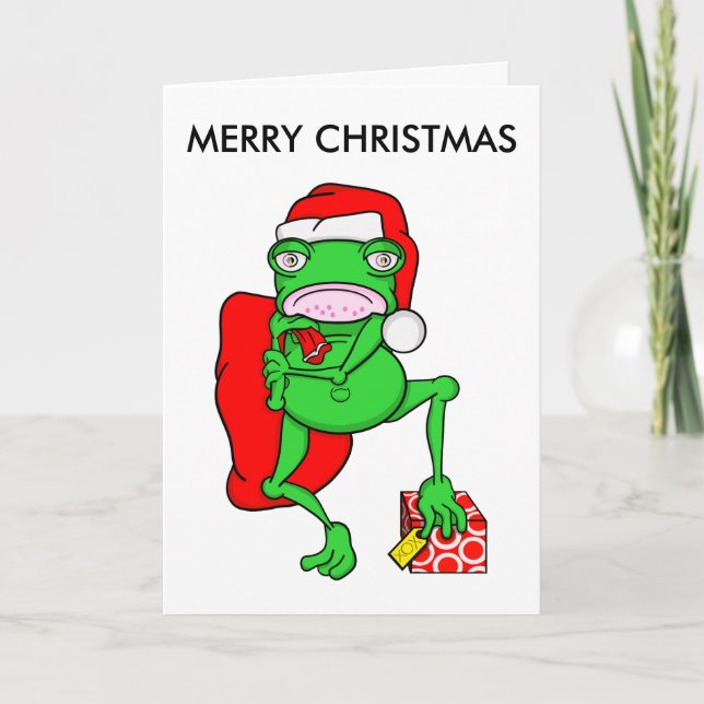 Funny Cartoon Frog Santa Merry Christmas Holiday Card (Front)