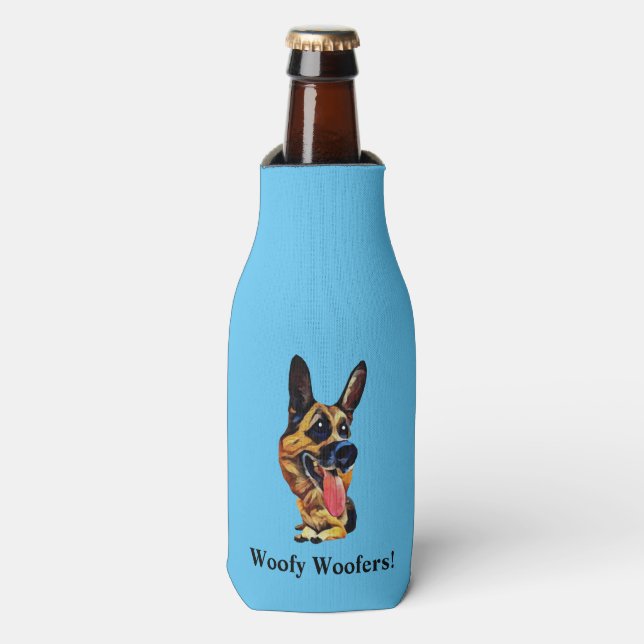 Funny Cartoon German Shepherd Bottle Cooler (Bottle Front)