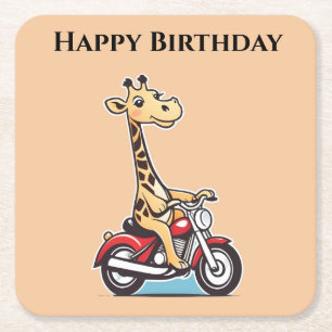 Funny Cartoon Giraffe Riding A Motorbike, Square Paper Coaster