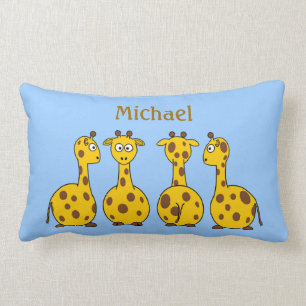 Funny Cartoon Giraffes on Blue Children's Custom Lumbar Cushion
