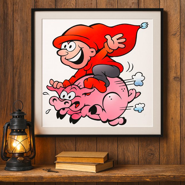 Funny Cartoon Gnome Riding Flying Pig Poster (Creator Uploaded)