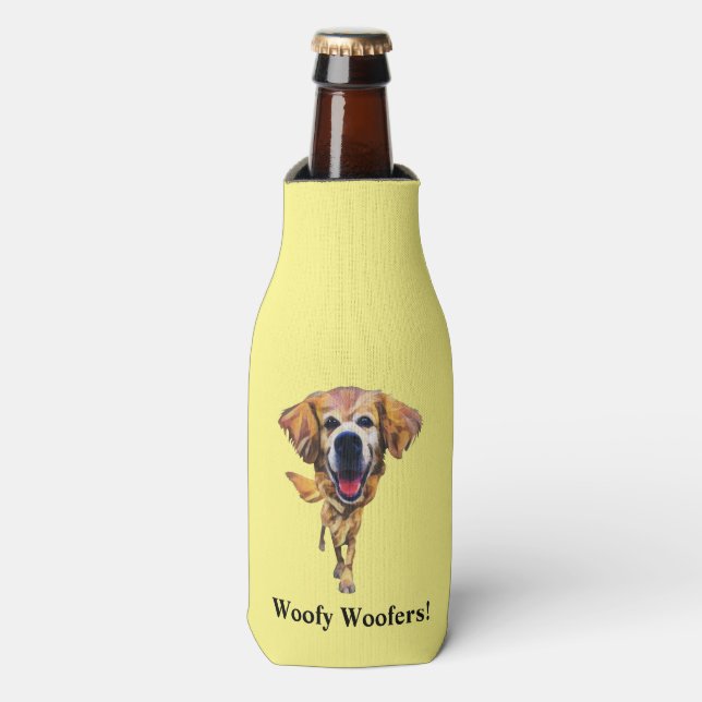 Funny Cartoon Golden Retriever Bottle Cooler (Bottle Front)