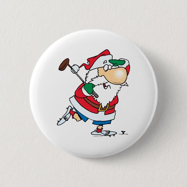 funny cartoon golfing golfer santa claus 6 cm round badge (Front)