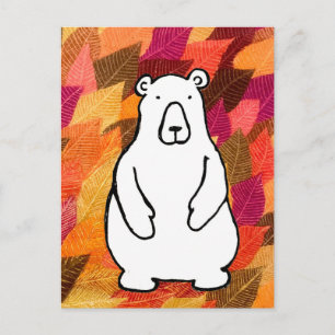 Funny Cartoon Grizzly Bear Color Leaves Postcard