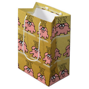 Funny Cartoon Happy Pig Year 2019 Gold M Gift B Medium Gift Bag