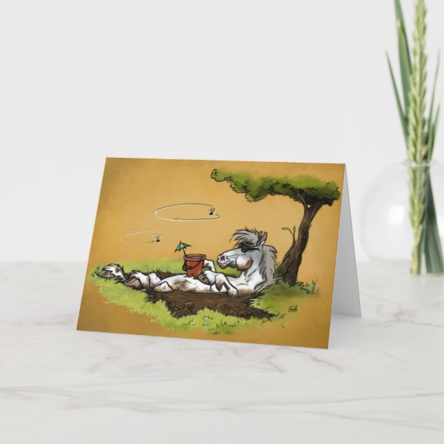 Funny Cartoon Horse Chilling in Mud Greeting Card (Front)