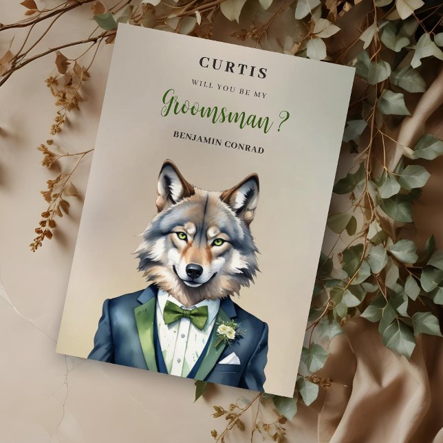 Funny Cartoon Humanoide Wolf Groomsman (Brown & Green Shades Groomsman Proposal Card with Green Bow Tie Featuring Funny Cartoon Humanoide.)