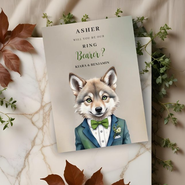 Funny Cartoon Humanoide Young Wolf Ring Bearer (Brown & Green Shades Ring Bearer Proposal Card with Green Bow Tie Featuring Funny Cartoon Humanoide.)