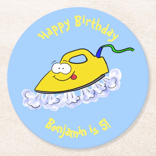 Funny cartoon iron laundry illustration round paper coaster (Front)