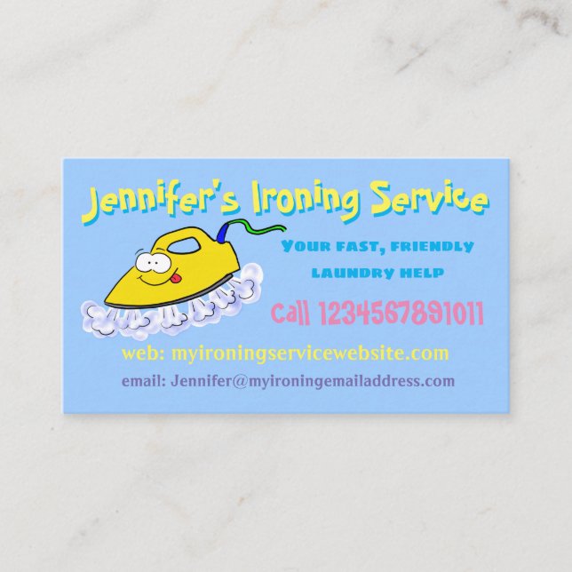 Funny cartoon ironing laundry service business card (Front)