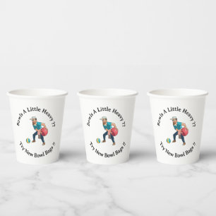 Funny Cartoon Lawn Bowler With A Heavy Bowl, Paper Cups