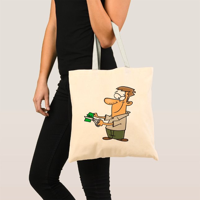 Funny Cartoon Man Cutting Dollar Bill Tote Bag (Creator Uploaded)